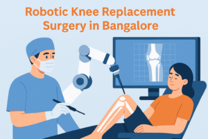 Illustration of a surgeon performing robotic knee replacement surgery using an advanced robotic arm, with a digital knee joint displayed on a screen, representing modern orthopedic care in Bangalore.