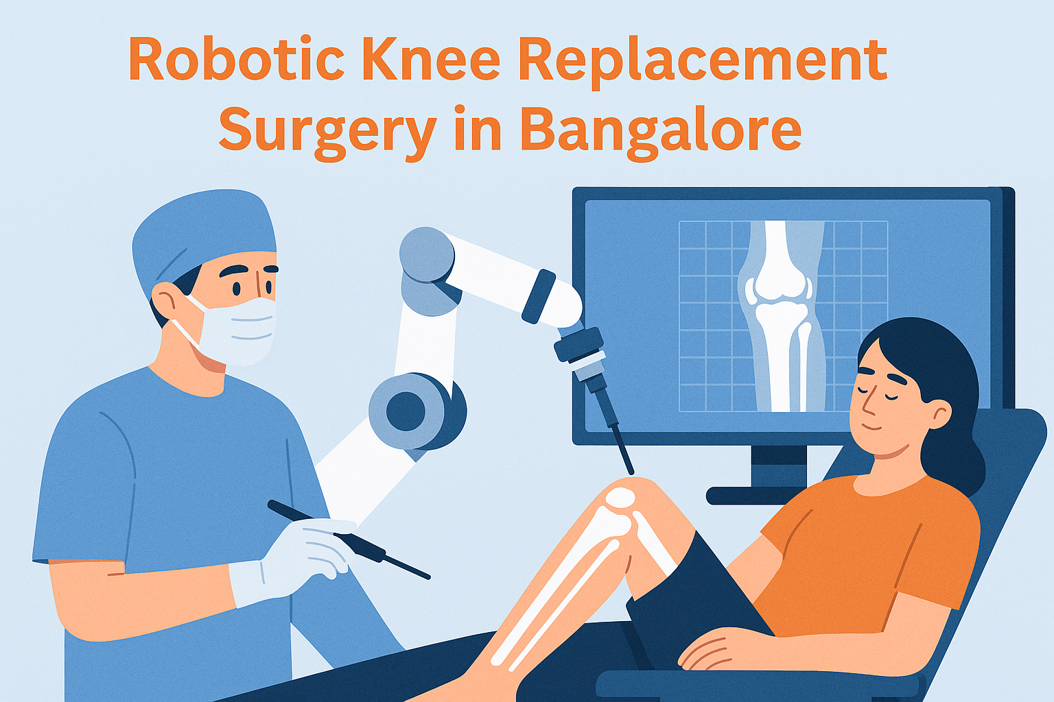 Illustration of a surgeon performing robotic knee replacement surgery using an advanced robotic arm, with a digital knee joint displayed on a screen, representing modern orthopedic care in Bangalore.