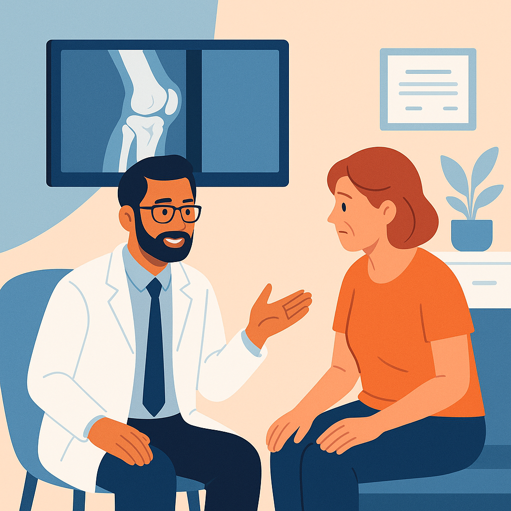 Illustration of an orthopedic doctor consulting a middle-aged woman about knee arthritis, with an X-ray of an arthritic knee displayed on a screen in the background, highlighting early diagnosis and expert care.