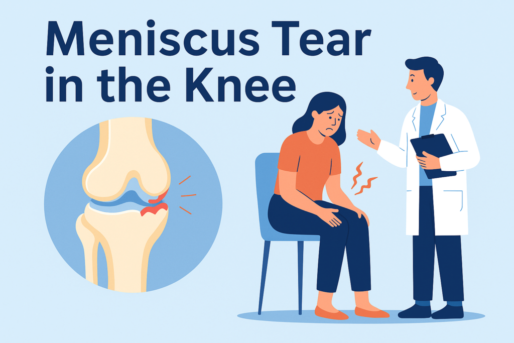 Illustration showing a medical explanation of a meniscus tear in the knee, featuring a patient in pain holding her knee and a doctor describing the condition, with a close-up of the torn meniscus on display.