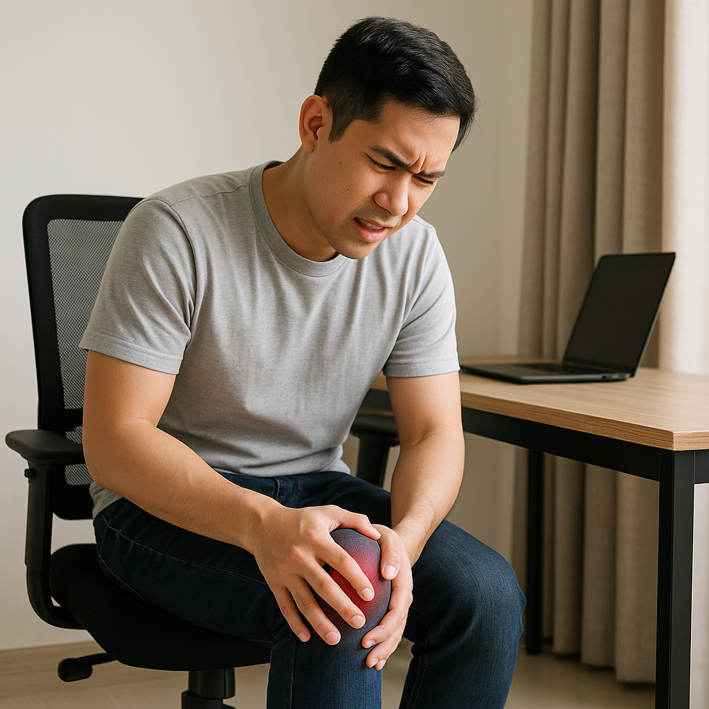 Young man in Bangalore holding knee in pain, consulting for Pixee surgery