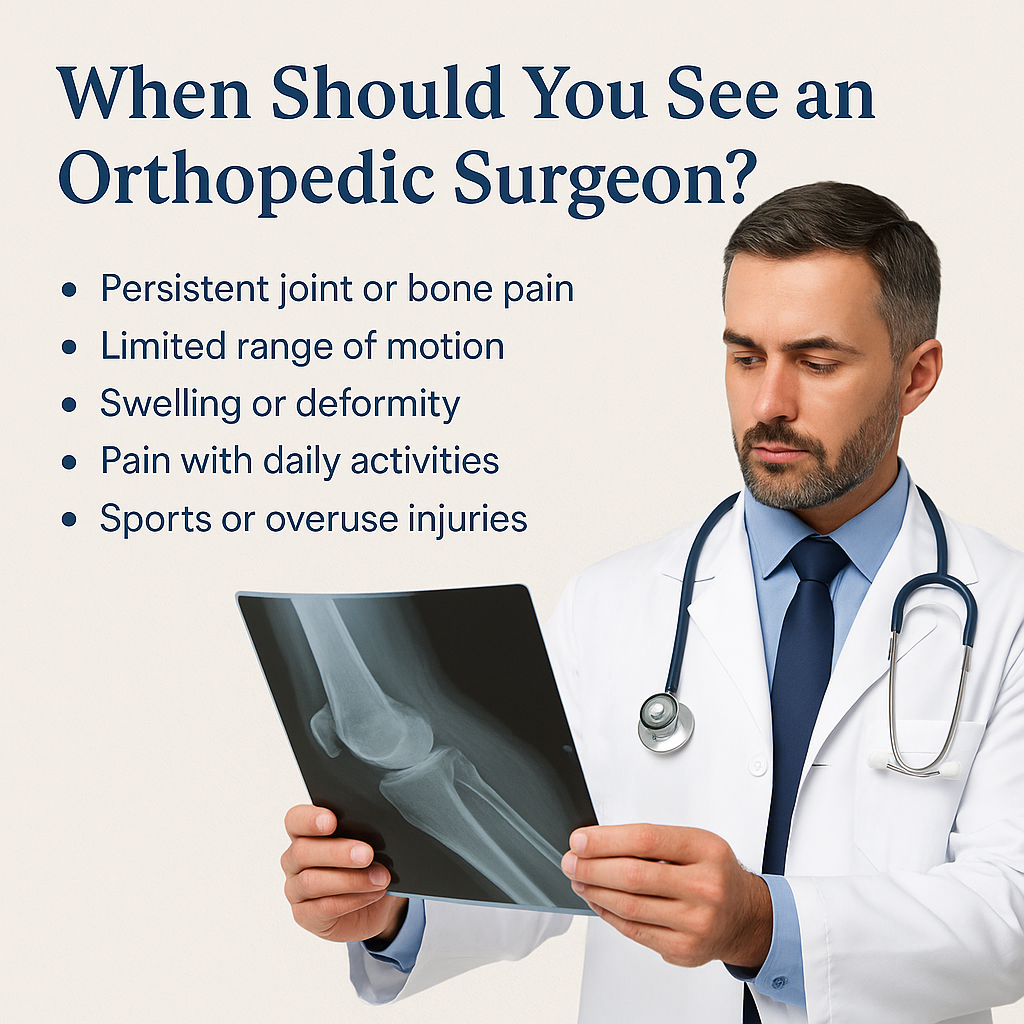 Digital illustration of a patient consulting an orthopedic doctor about knee and shoulder pain, with text asking “When Should You See an Orthopedic Surgeon?” to highlight joint-related symptoms and specialist care.