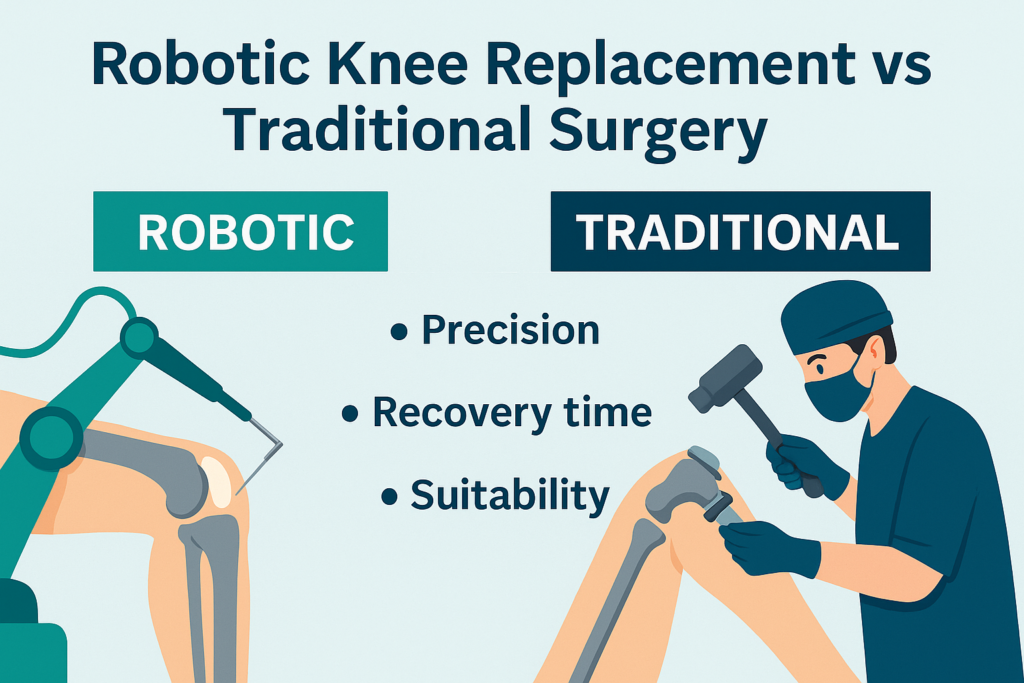 Infographic comparing robotic knee replacement and traditional surgery, featuring visuals of a robotic arm, surgical tools, and a patient receiving joint care, with highlighted benefits like precision, faster recovery, and better outcomes.