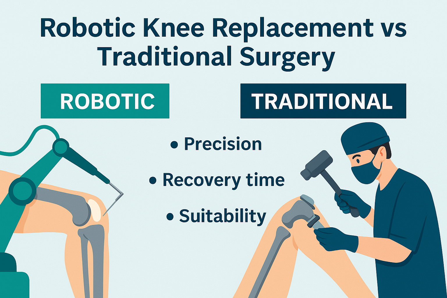 Infographic comparing robotic knee replacement and traditional surgery, featuring visuals of a robotic arm, surgical tools, and a patient receiving joint care, with highlighted benefits like precision, faster recovery, and better outcomes.