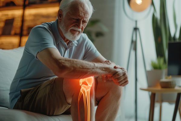 Massaging and Stretching the leg to Ease the Injury. VFX Leg Pain Augmented Reality Animation. Senior Male Experiencing Discomfort in a Result of Leg Trauma or Arthritis.